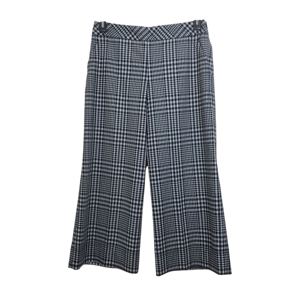 NWT Trina Turk Wide Leg Cropped Pants Blue White Plaid Gingham Check Size 6